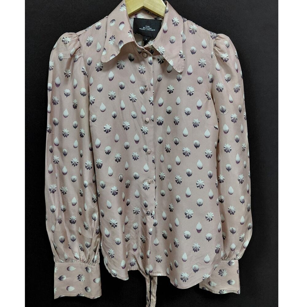 MARC JACOBS The Blouse Silk Pink Graphic Print Puff Long Sleeve Collared Size 0